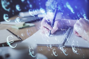 Finansal Forex grafiği el notları arka plan alarak çizilmiş. Araştırma kavramı. Çoklu pozlama