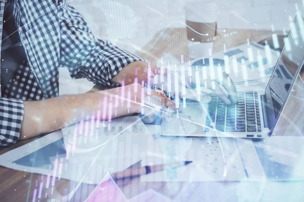 Multi exposure of stock market chart with man working on computer on background. Concept of financial analysis. — Stock Photo, Image