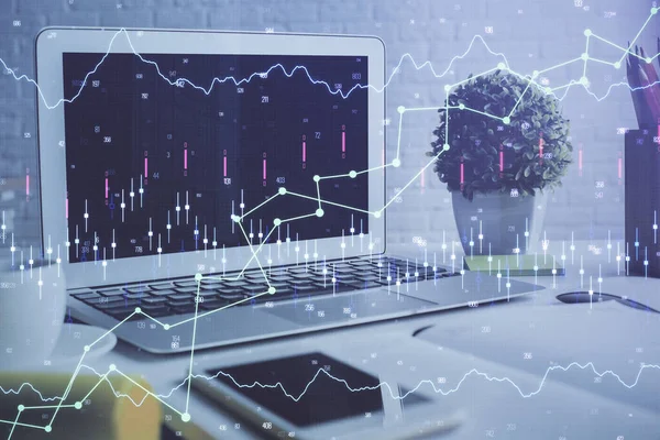 Zeichnung von Finanzdiagrammen und Tabelle mit Computer im Hintergrund. Mehrfachbelichtung. Konzept der internationalen Märkte. — Stockfoto