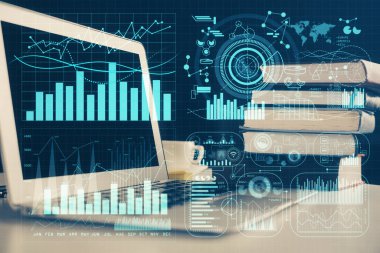 Finansal grafik renkli çizimler ve arka planda bilgisayar olan tablolar. Çoklu maruz kalma. Uluslararası pazarlar kavramı.