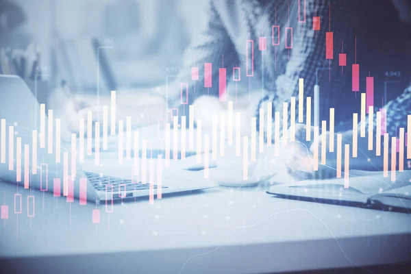 Multi exposure of forex chart with man working on computer on background. Concept of market analysis. — Stock Photo, Image