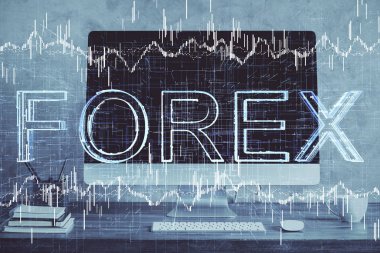 Forx grafiği ve bilgisayarla çalışma alanını iki katına çıkar. Uluslararası çevrimiçi ticaret kavramı.