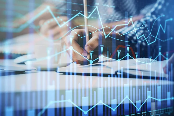 Flerfaldig exponering av två män som planerar investeringar med aktiemarknaden forex diagram. — Stockfoto