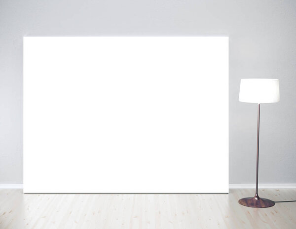 Blank billboard on a floor with lamps. Advertising, gallery concept. Mock up, 3D Rendering