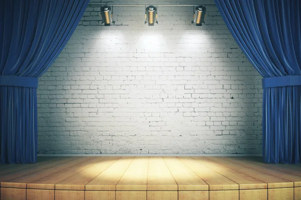 Wooden stage with blue curtains — Stock Photo, Image