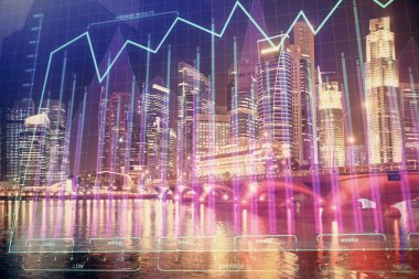 Yüksek binalar arka plan çok pozlama ile şehir scape mali grafik. Analiz kavramı.