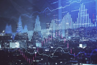 Yüksek binalar arka plan çok pozlama ile gece şehir scape mali grafik. Analiz kavramı.
