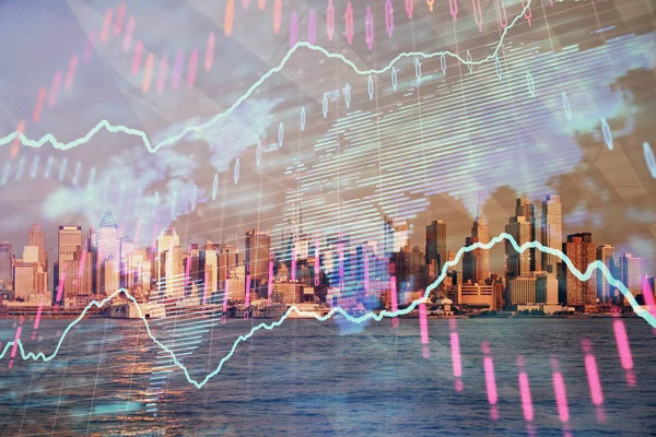 Diagrama de la divisa en paisaje urbano con edificios altos fondo multi exposición. Concepto de investigación financiera . —  Fotos de Stock