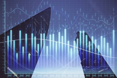 Yüksek binaların arka planında çoklu pozlama olan eski şehir haritası. Finansal araştırma kavramı.