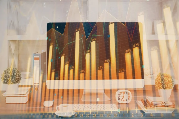 Forex graph hologram on table with computer background. Double exposure. Concept of financial markets. — Stock Photo, Image