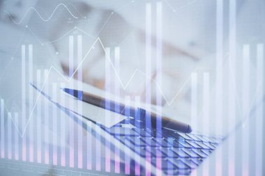 Bilgisayar geçmişi olan eski grafik hologramı. Çoklu maruz kalma. Finans piyasası kavramı.