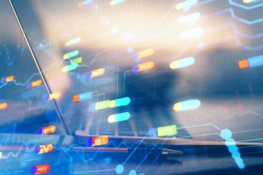 Bilgisayarın arka plan ve teknoloji temalı çizimlerine çoklu maruz kalma. Yenilik kavramı.