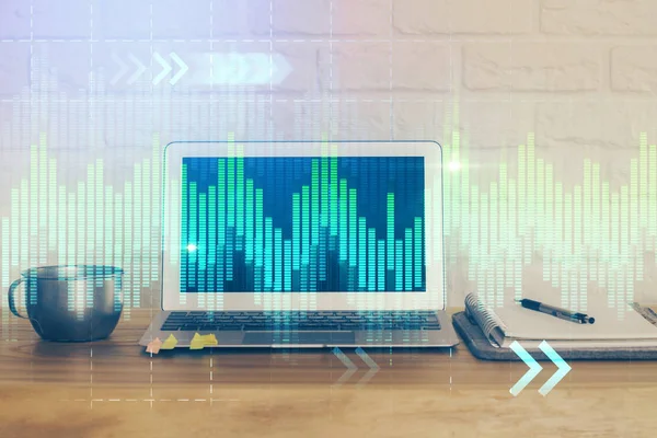 Finansiell diagram ritning och tabell med dator på bakgrunden. Multiexponering. Begreppet internationella marknader. — Stockfoto