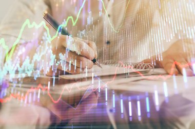 Finansal ticaret grafiği erkek masaüstü arkaplanı ile çifte pozlama.