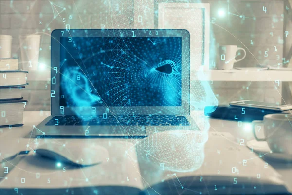 Doble exposición de la mesa de trabajo con el holograma de la computadora y del cerebro. Concepto de lluvia de ideas . —  Fotos de Stock