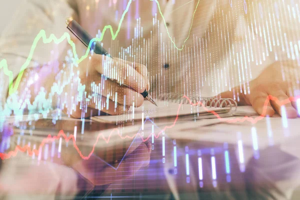 Finanzhandel Graph Double Exposure mit Mann Desktop-Hintergrund. — Stockfoto