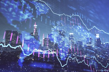 Yüksek binaların arka planında çoklu pozlama olan eski şehir haritası. Finansal araştırma kavramı.