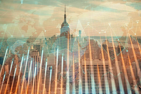 Forex graph on city view with skyscrapers background double exposure. Financial analysis concept. — Stock Photo, Image