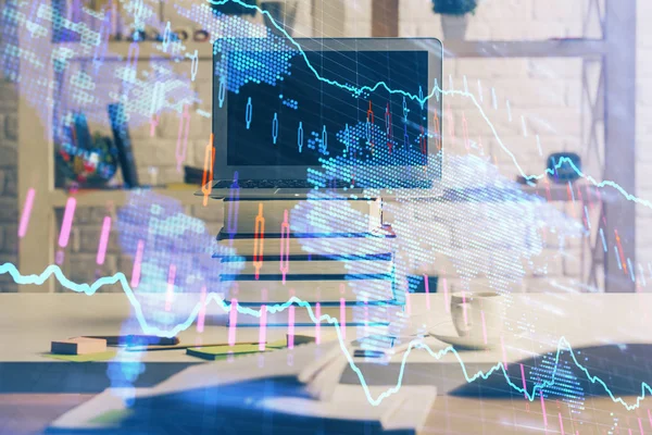 Double exposure of forex chart and work space with computer. Concept of international online trading. — Stock Photo, Image