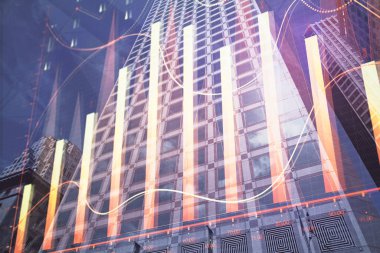 Yüksek binaların arka planında çoklu pozlama olan eski şehir haritası. Finansal araştırma kavramı.