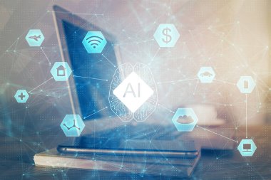 Bilgisayar ve teknoloji temalı çizimlere çifte maruz kalma. Yenilik kavramı.