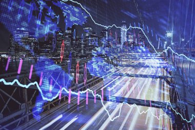 Yüksek binaların arka planında çoklu pozlama olan eski şehir haritası. Finansal araştırma kavramı.