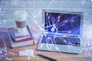 Masaüstü bilgisayar arkaplanı ve nöron çizimi. Çifte maruziyet. Eğitim kavramı.