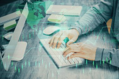 Adam ile mali grafik çift pozlama arka planda ofiste çalışır. Analiz kavramı.