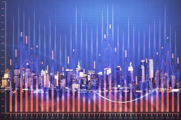 고층 건물 배경 이중 노출와 야간 도시 풍경에 금융 그래프. 분석 개념. — 스톡 사진