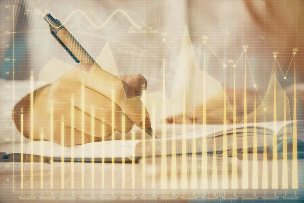 Multi blootstelling van vrouw handen maken van notities met Forex Graph hologram. Concept aandelenmarkt analyse. — Stockfoto
