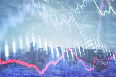 Gökdelenler arka planda çoklu pozlama ile şehir görünümünde eski grafik. Mali analiz kavramı.