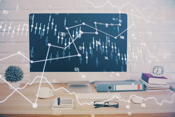 Ologramma grafico Forex sul tavolo con sfondo del computer. Doppia esposizione. Concetto di mercati finanziari. — Foto Stock