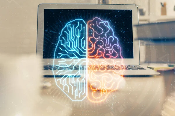 Bilgisayar ve beyin hologramıyla iki kat maruz kalmışlar. Veri yeniliği kavramı. — Stok fotoğraf
