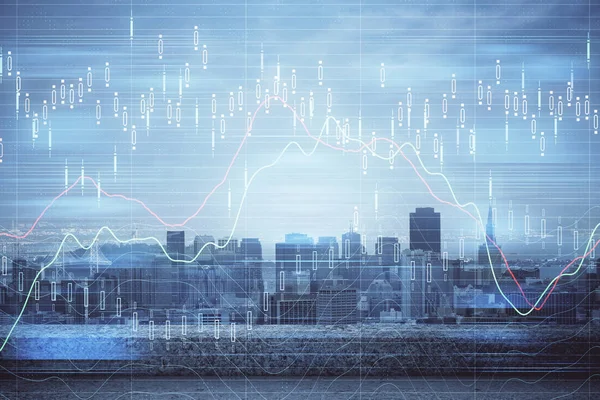 Forex grafiek over uitzicht op de stad met wolkenkrabbers achtergrond multi blootstelling. Begrip financiële analyse. — Stockfoto