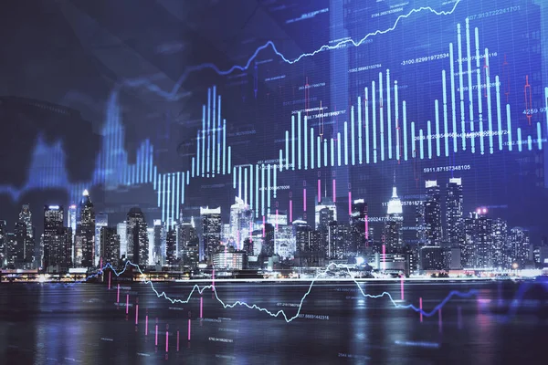 Financial graph on night city scape with tall buildings background multi exposure. Analysis concept.