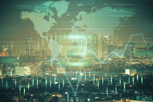 Financial graph on night city scape with tall buildings background multi exposure. Analysis concept.