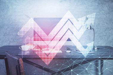 Bilgisayar masaüstünde, okların hologramını gösteriyor. Çifte maruziyet. Başarı kavramı.