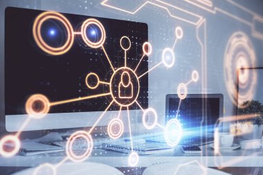 Sosyal ağ tema simgesi olan masaüstü bilgisayarı. Çoklu maruz kalma. Uluslararası bağlantılar kavramı.