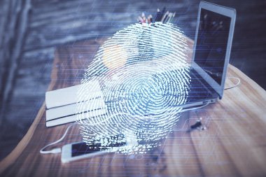 Ofisteki bilgisayarın parmak izi çizimi. Çifte maruziyet. İş veri güvenliği kavramı.