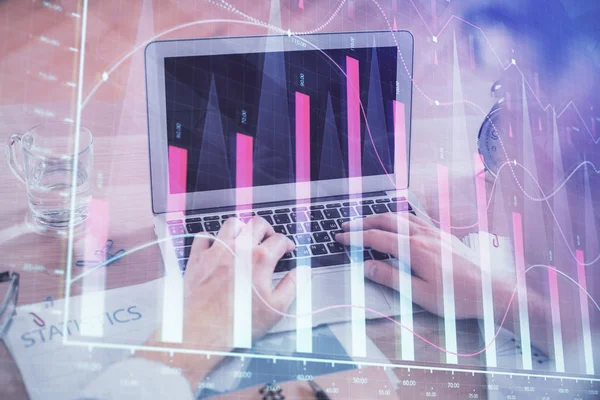 Multi exposure of forex graph with man working on computer on background. Concept of market analysis. — Stock Photo, Image