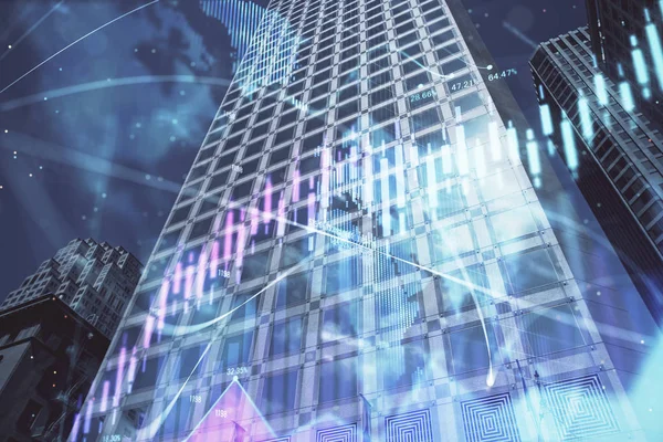 Forex chart on cityscape with tall buildings background multi exposure. Financial research concept. — Stock Photo, Image