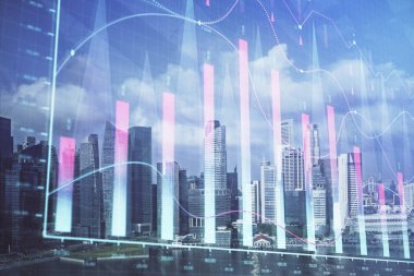 Gökdelenler, duvar kağıtları ve çoklu pozlama ile şehir manzarasının eski çizelgesi. Finansal araştırma kavramı.