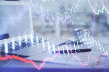 Bilgisayar geçmişi olan eski grafik hologramı. Çifte maruziyet. Finans piyasası kavramı.