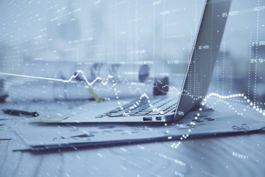 Eski pazar grafiği hologramı ve kişisel bilgisayar geçmişi. Çifte maruziyet. Yatırım kavramı.