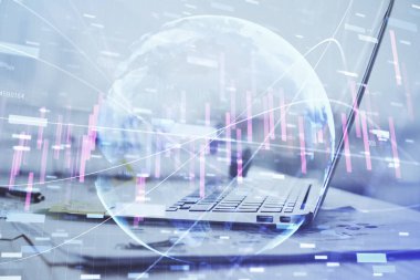 Bilgisayar geçmişi olan eski grafik hologramı. Çifte maruziyet. Finans piyasası kavramı.