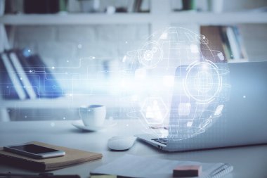 Sosyal ağ tema simgesi olan masaüstü bilgisayarı. Çoklu maruz kalma. Uluslararası bağlantılar kavramı.