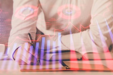 Finansal ticaret şeması erkek masaüstü arkaplanı ile çift pozlama.