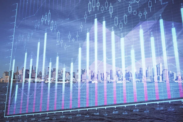 Forex graph on city view with skyscrapers background double exposure. Financial analysis concept. — Stock Photo, Image