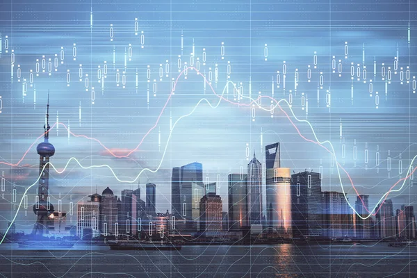 Forex graph on city view with skyscrapers background double exposure. Financial analysis concept. — Stock Photo, Image