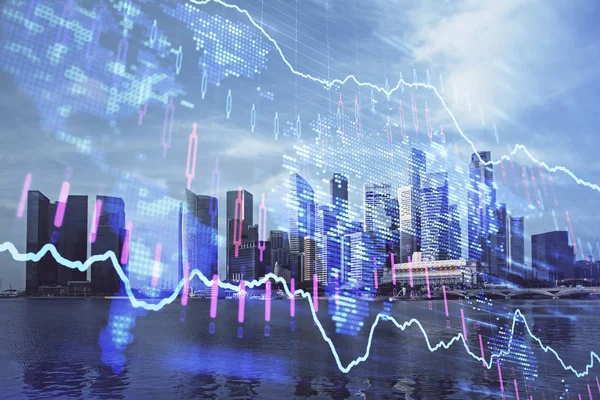 Forex chart on cityscape with tall buildings background multi exposure. Financial research concept. — Stock Photo, Image